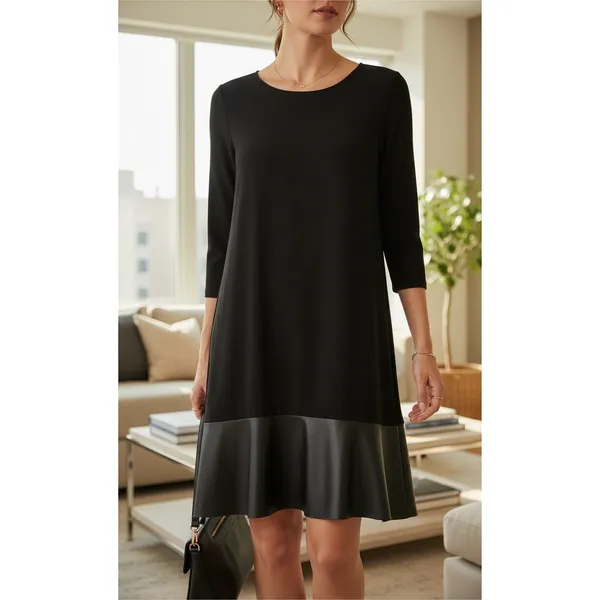 Annalee + Hope Black Faux Leather Trim Shift‎ Dress 3/4 Sleeve Large Made in USA - Image 8
