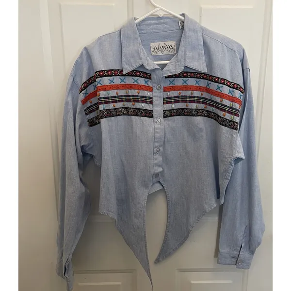 Electrify Chambray Beaded Ribbon Appliqué Cropped Knot‎ Front Top Womens L Boho - Image 2