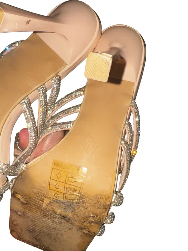 Bella Marie Blush Nude Rhinestone Strappy Mid-Heel Sandals - Image 5