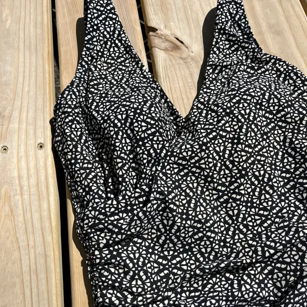 L.L. Bean Swimsuit One Piece Black White Wrap‎ Slimming V Neck 14 Long - Image 3