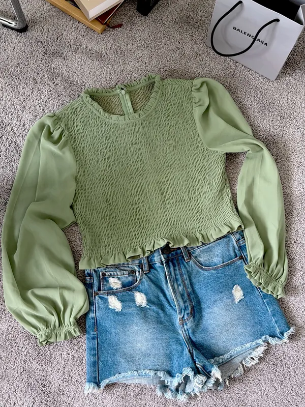 Sage Green Smocked Puff Long Sleeve Crop Top Ruffle Trim Casual Blouse - Image 2
