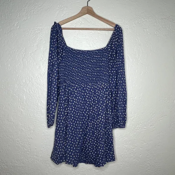 AE Floral Women's Blue Ditsy Flower Smocked Long-Sleeve Ruffle Mini Dress Medium - Image 4