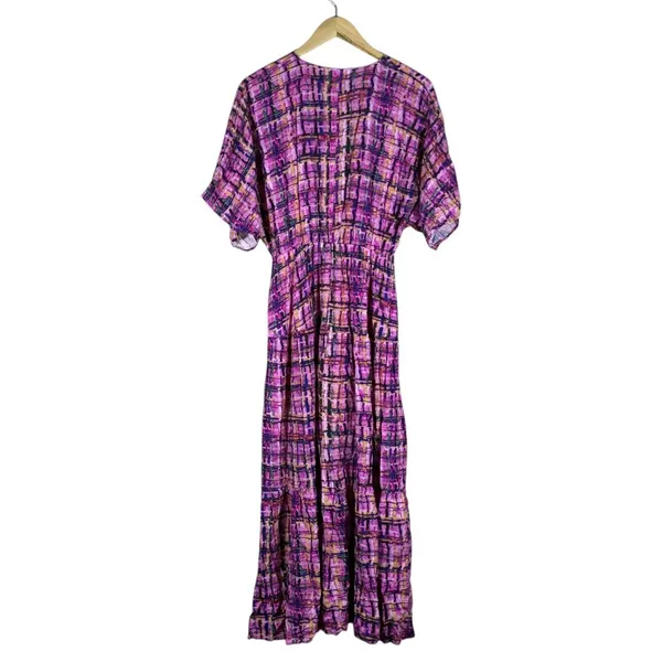Entro Abstract Plaid Tiered Maxi Dress Purple Boho Flutter Sleeve Size S - Image 4