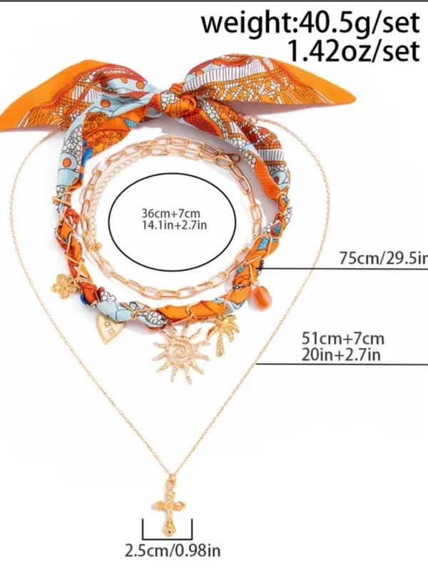 ☀️BOGOHO☀️Layered Sun & Cross Necklace Set with Orange & Blue Scarf Accent - Image 4
