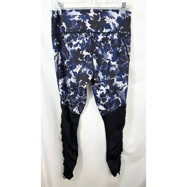 Fabletics XL Leggings High Waisted Blue Floral Print‎ Black Contrast Ruched 1036 - Image 4