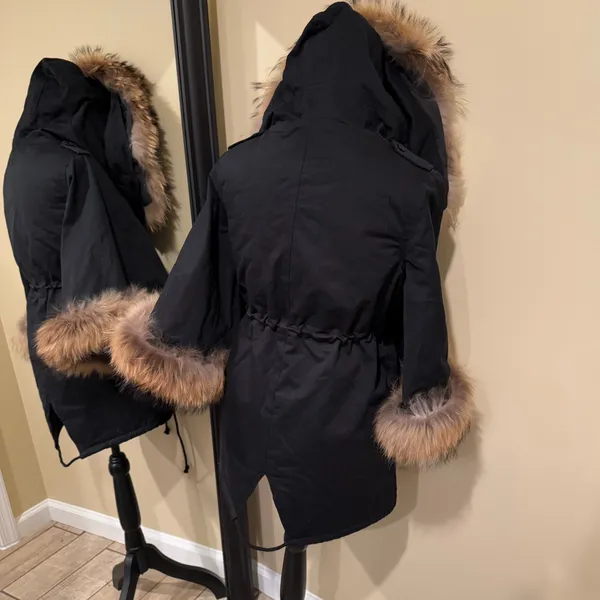 Raccoon Fur Flare Sleeve Parka Coat Jacket Winter Coat Trench Puffer Hooded Coat - Image 3