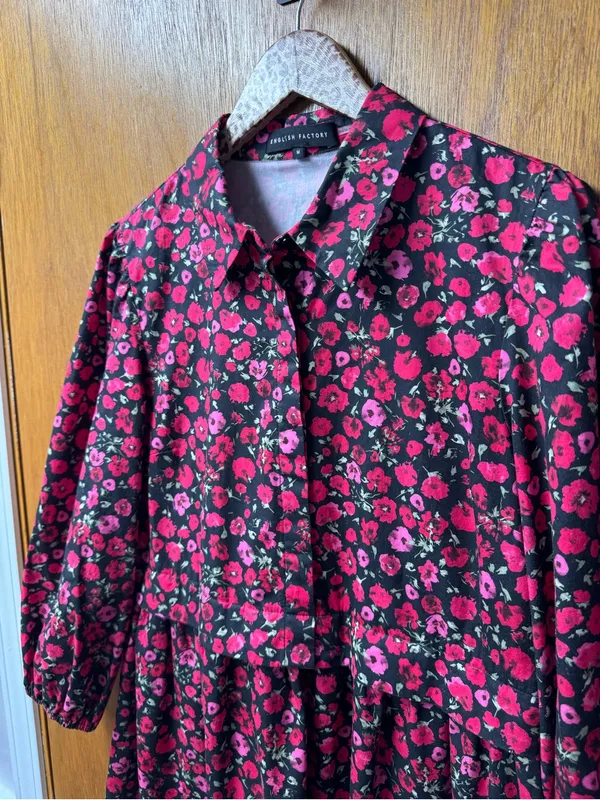 English Factory Floral Shirtdress Mini Dress 100% Cotton 3/4 Sleeves Pink Medium - Image 10