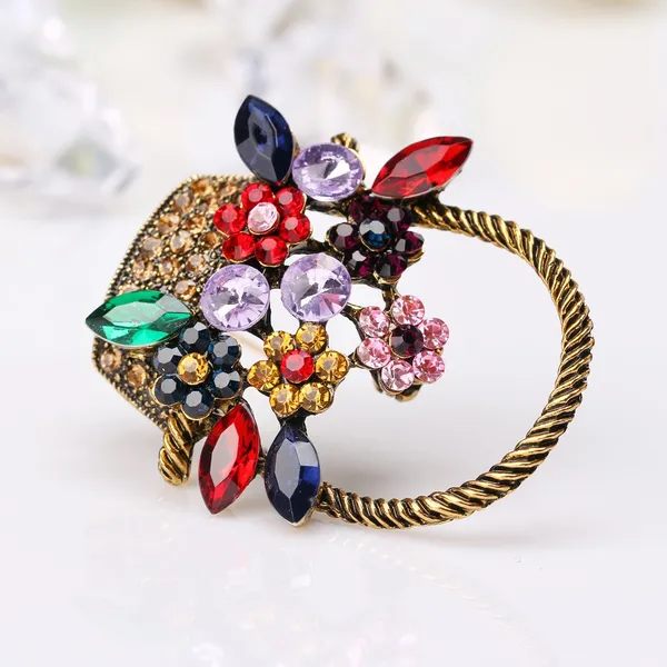 Women's Crystal Flower Floral Basket Brooch Pin - Image 5