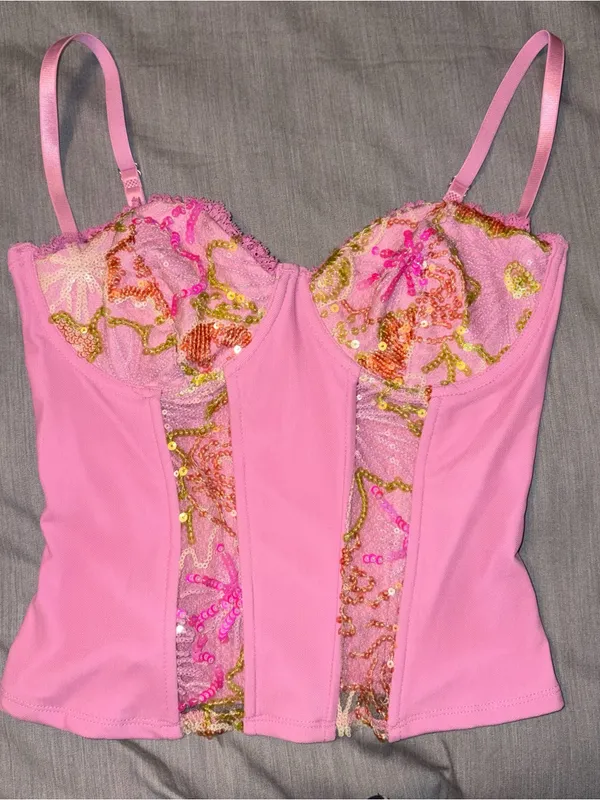 Edikted Medium Pink Inka Sequin Beaded Floral Underwire Top - Image 3