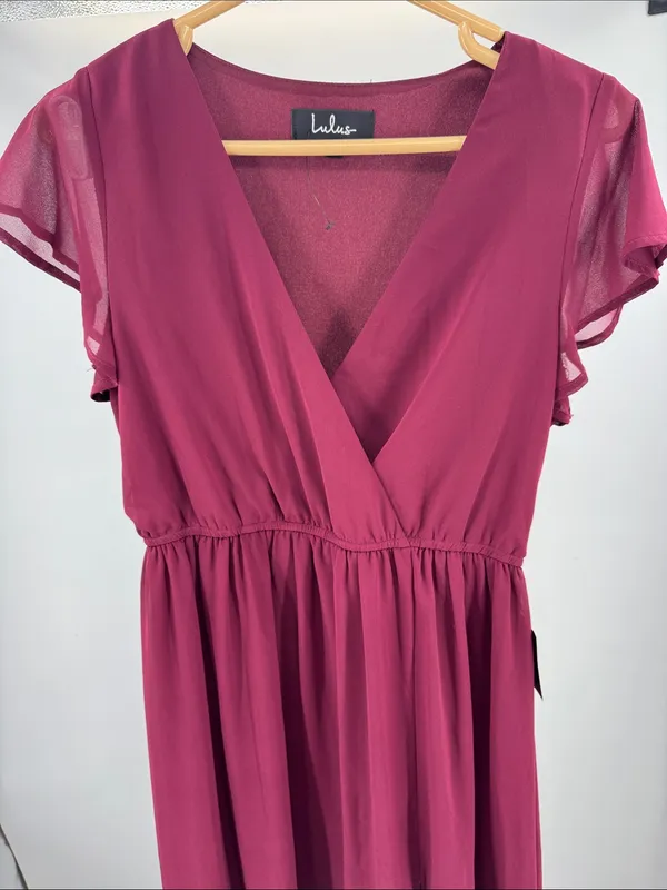 Lulus Lost in the Moment Burgundy Maxi Dress side slit S flutter sleeve bridesmaid - Image 8