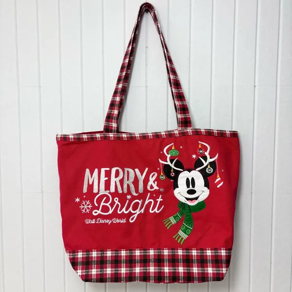 Walt Disney‎ World Mickey Mouse Christmas Ornament Tote Bag Rare Plaid - Image 2
