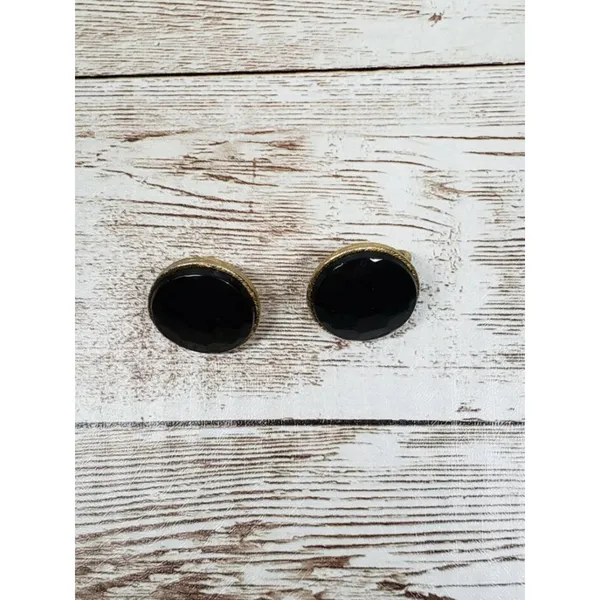 Vintage Clip On Earrings - Black Gem with Facets With A Gold Tone Halo - Image 3
