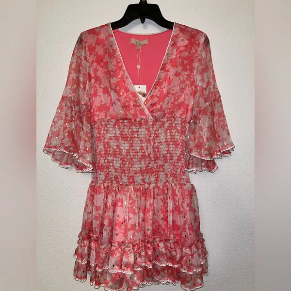 Chelsea & Violet Coral Pink Floral Smocked Mini Dress - Image 5