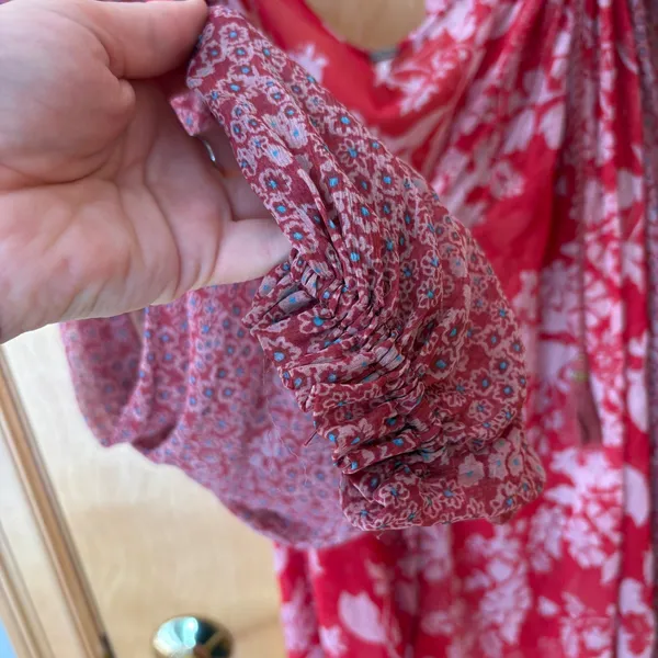 Free People Blouse Women Medium Red Floral Sheer Tassel Balloon Sleeve Top - Image 4