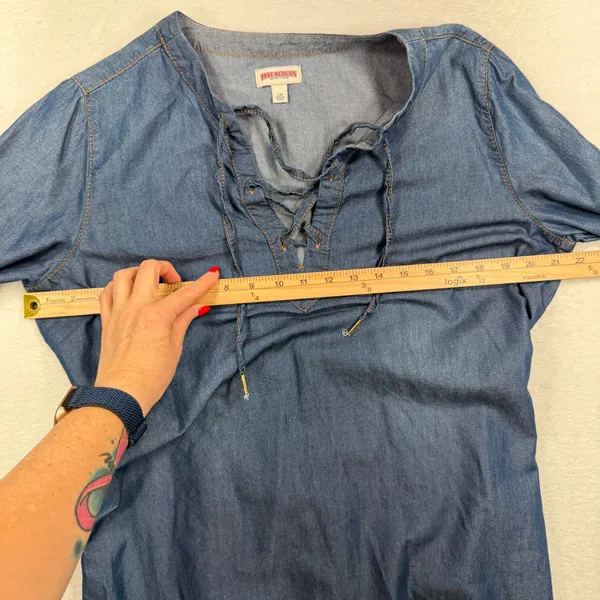 True Religion Large Denim Mini Shirt Dress Lace Up Blue Chambray Cotton Lyocell - Image 10