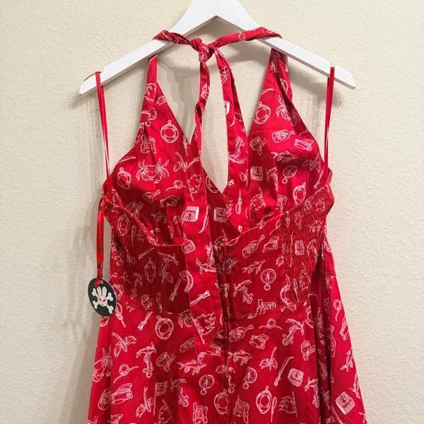 Hell‎ Bunny Red Nautical Print Halter Dress Womens Large Rockabilly Retro Pinup - Image 9