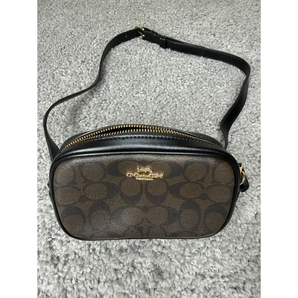 Coach Signature Canvas Camera Bag Belt Bag Crossbody Brown Black 2 Straps - Image 5