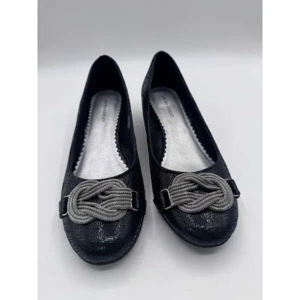 Laura Ashley 8M Black‎ Wedge Heels Women's Snake Print Knot Detail - Image 3