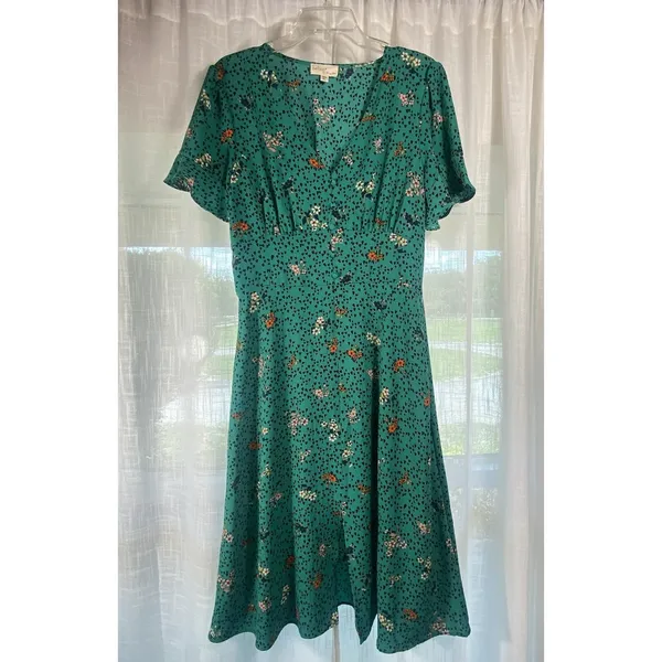 Bebop Floral Midi Dress‎ L XL Flutter Sleeve Babydoll Cottagecore Smocked Green - Image 2