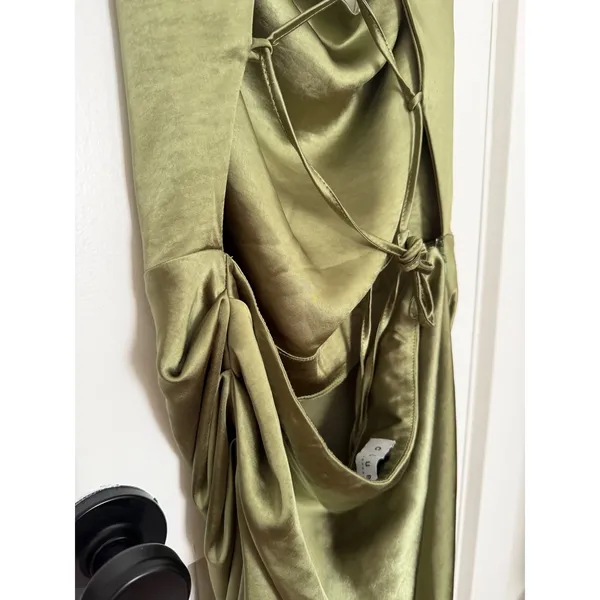 Club L London Olive Green Satin Cowl Neck Ruched Asymmetrical Midi Dress size 10 - Image 5