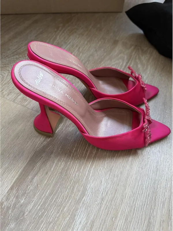 Amina Muaddi pink satin heels with rhinestone bow detail - Image 3