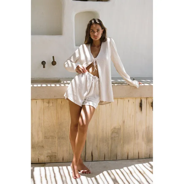 Sabo Skirt Emel Cream Waffle Knit Tie Front Long Sleeve Cardigan Top M - Image 8