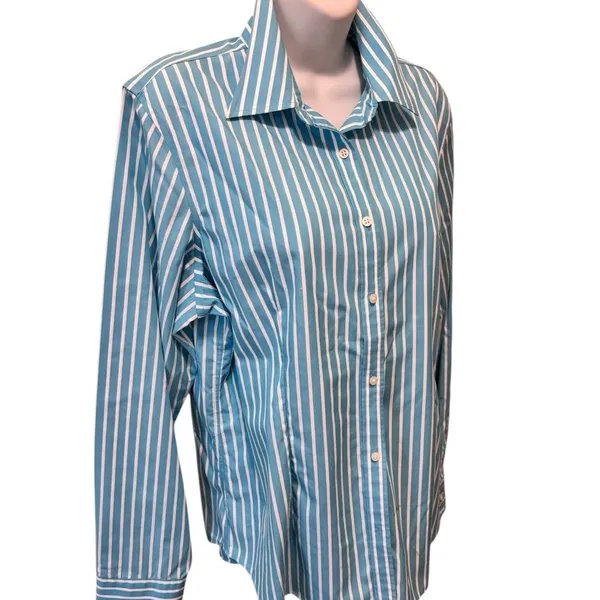 Lauren Ralph Lauren Blue White Stripe Button Down Blouse Sz L 100% Cotton Logo - Image 3