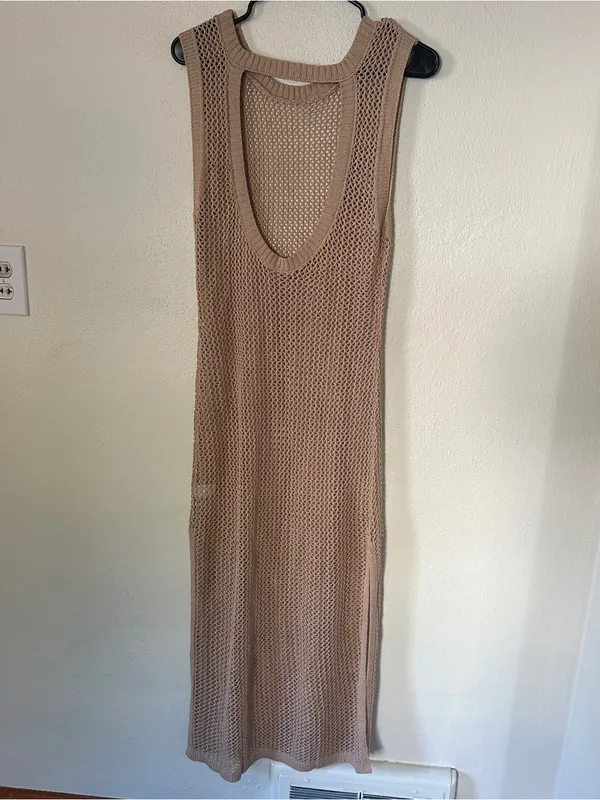Sleeveless Knit Mesh Cover Up Dress in Taupe - Image 3