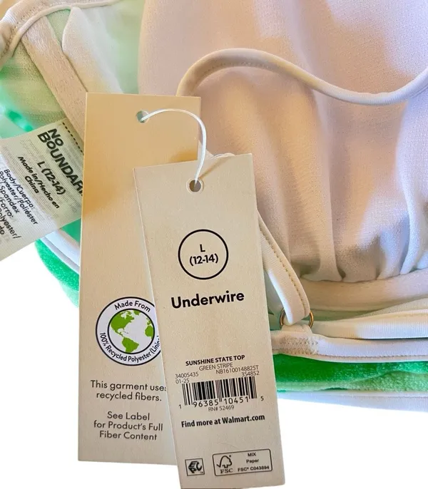 No Boundaries Terry Stripe Underwire Bikini Top Green White NWT Sz L - Image 2