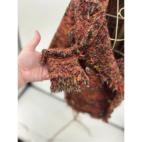One Girl Who Anthropologie Double Breasted Tweed Fringe Knit Jacket Multicolor S - Image 7
