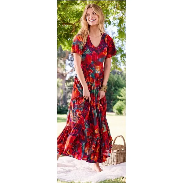 Soft Surroundings Printemps Maxi Dress Multicolor Floral Tiered Boho V-Neck M - Image 11