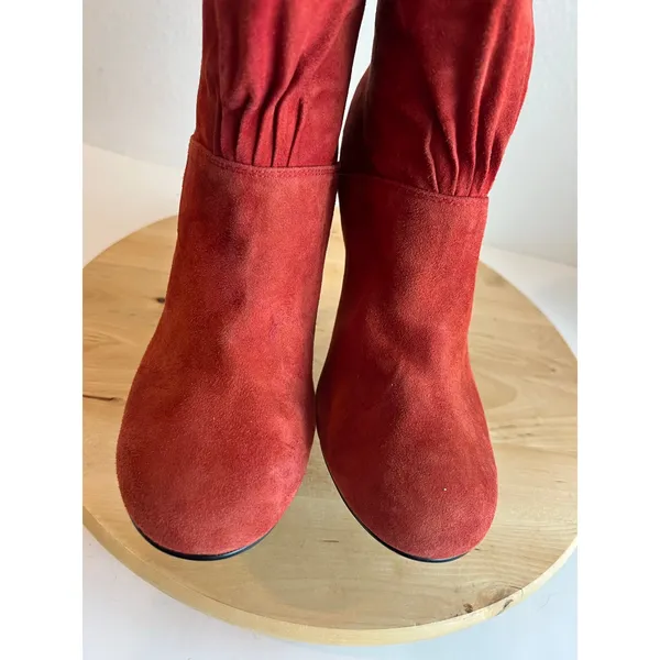 Red Soft Suede Slouchy Heeled Boots Mid Calf Bow Tie Pull On Size 9.5 Rampage - Image 6