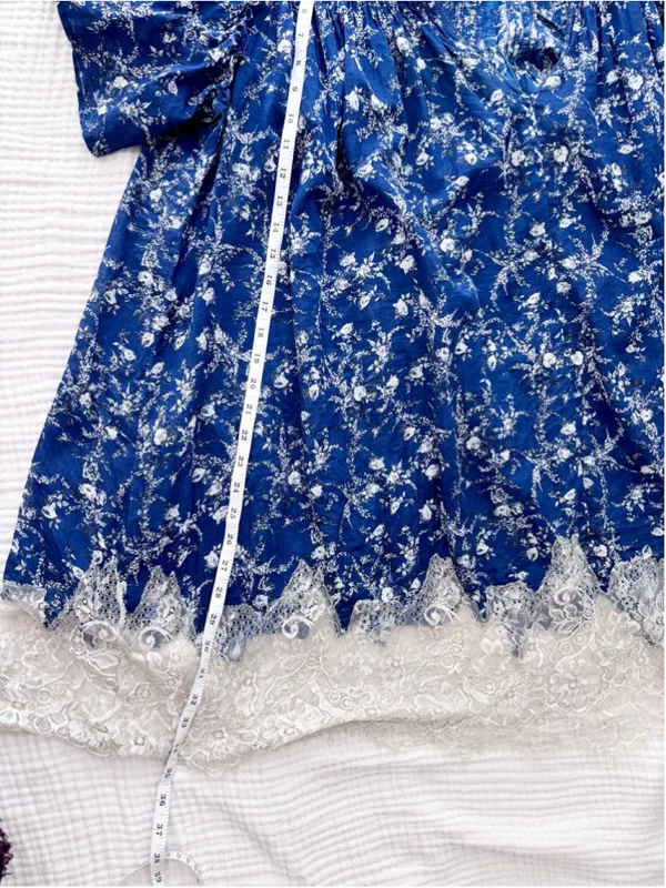 Women's Free People Blue Floral Mini Dress with Lace Trim, Size L - Image 5