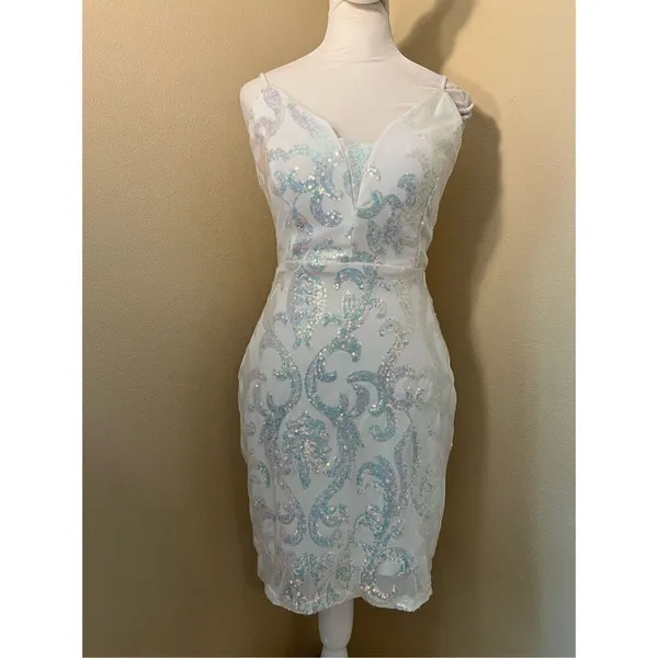 Lovely Day White Iridescent Sequin Corset Lace Up Back Bodycon Mini Dress Medium - Image 7
