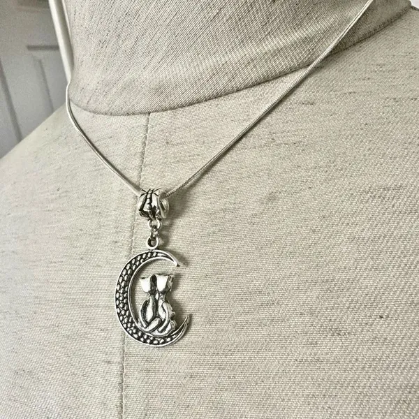 Silver tone cats sitting on moon pendant necklace Silver - Image 6