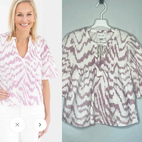 Saylor Lavender White Ikat Pintucked Tie Front Top Size Small - Image 2