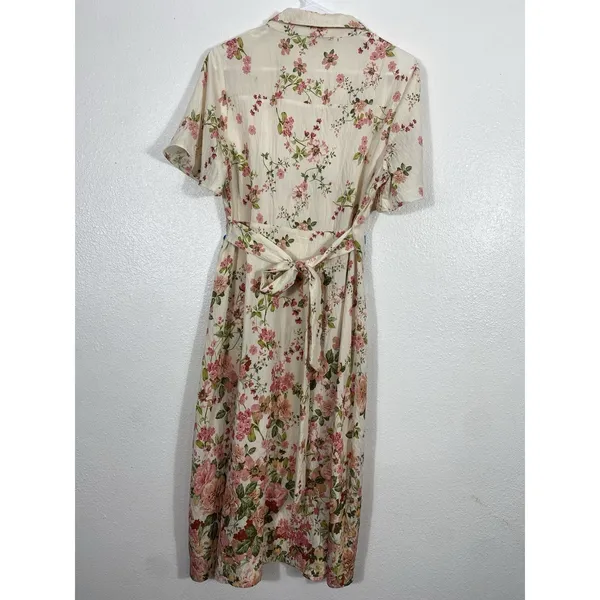Figueroa & Flower Boho Shirt Dress Medium Beige Floral Cottagecore Retro Prairie - Image 7