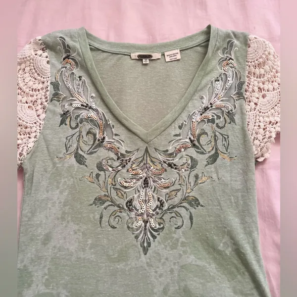 Miss Me Sage Green Top with Cream Lace Sleeves - Image 2