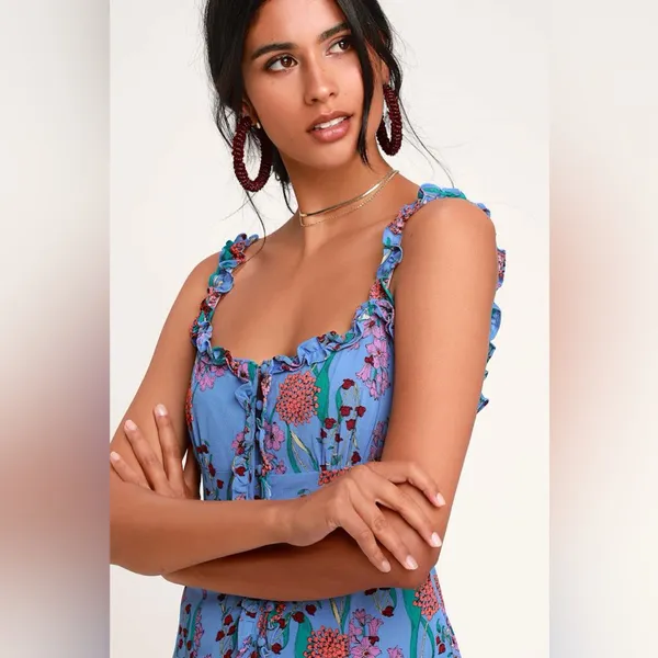 ASTR The Label Blended Blue Floral Print Button-Up Midi Dress S - Image 3