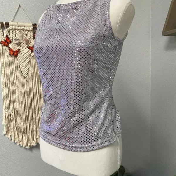 A. Byer Silver Sequin Sleeveless Tank Top Y2k Glam Romantic Feminine - Image 3