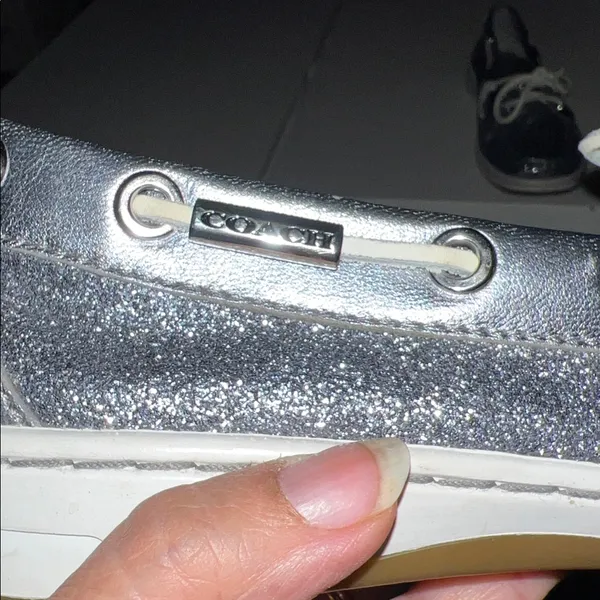 Coach Richelle boat shoes in a metallic silver glitter finish size 8B, new years - Image 7