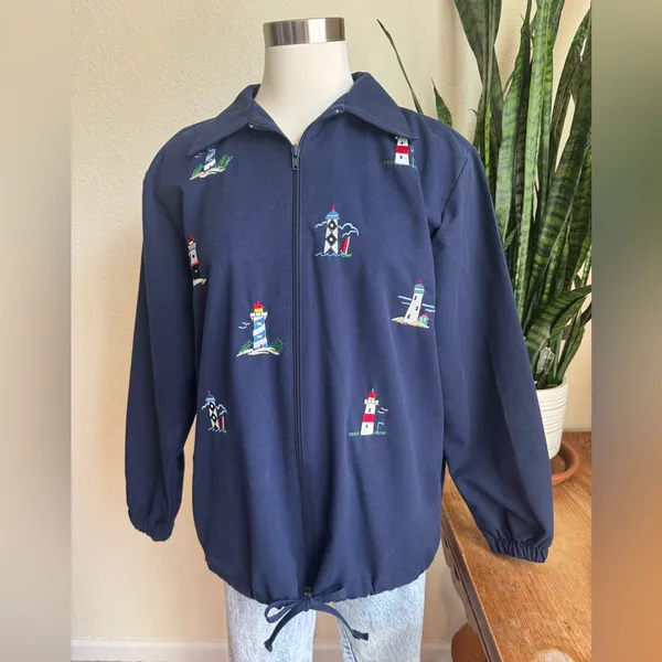 Vintage Lighthouse Embroidered‎ Zip Up Jacket Navy Coastal S - Image 7