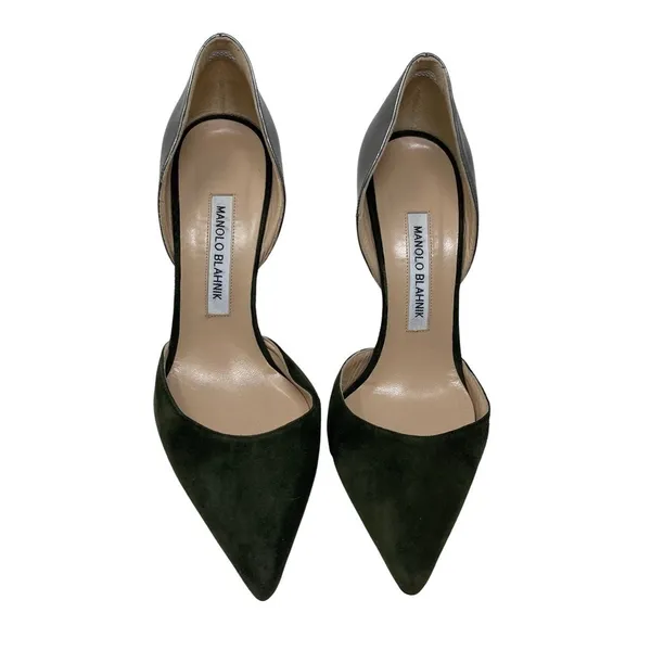 Manolo Blahnik D’orsey green suede and silver leather 2 tone heels 100mm sz 37.5 - Image 3