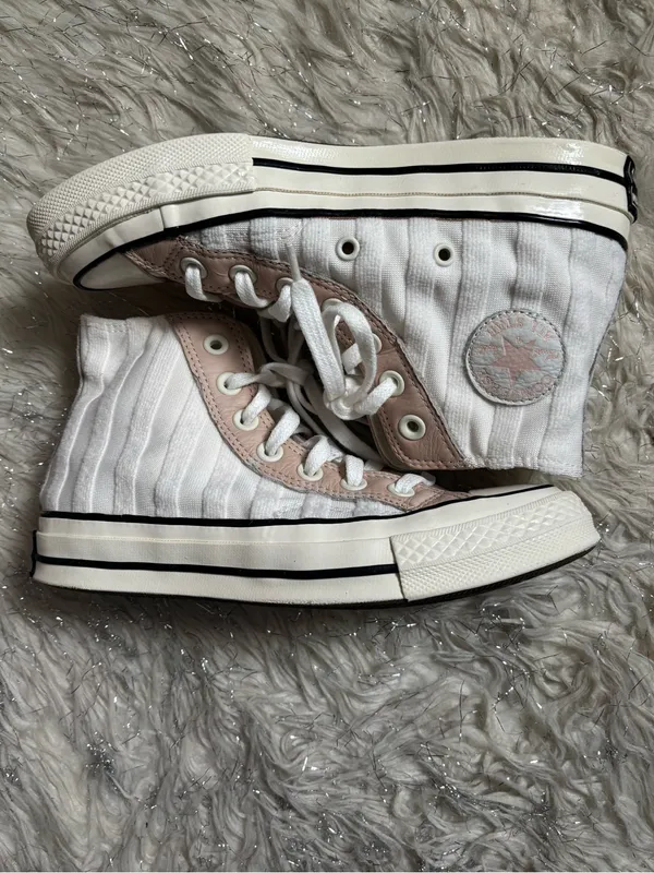 Converse White and Light Pink Women’s Chuck Striped High Top Sneakers Size 5.5US - Image 2