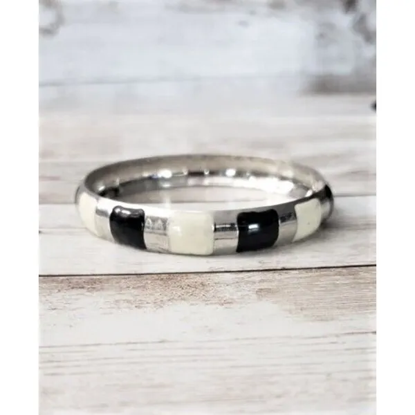 Vintage Bracelet / Bangle - Cream, Black & Silver Tone - Image 4