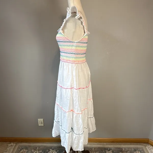 Vineyard Vines Flutter Sleeve Smocked Tiered‎ White Linen Midi Dress Size S - Image 4