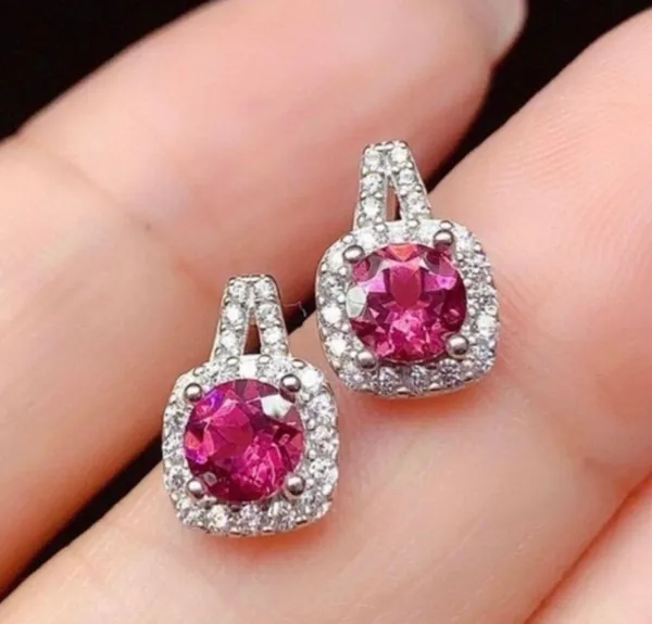 14K White Gold Plated Ruby Stud Earrings for Women Silver - Image 3