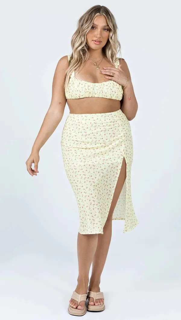 PRINCESS POLLY Lily Yellow Floral Midi Skirt w/ Slit - Image 3
