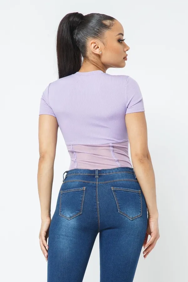“Corset” Style Rib Mesh Bodysuit Purple Size XL - Image 5