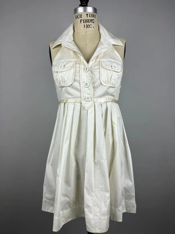 Vintage Y2K Bebe Off White Halter Tanya Mini Dress Pleated Button Front Size S - Image 2